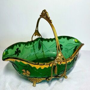 Bride’s Basket Gilt EAPG Art Glass Bowl & stand Antique Victorian Silver Plate